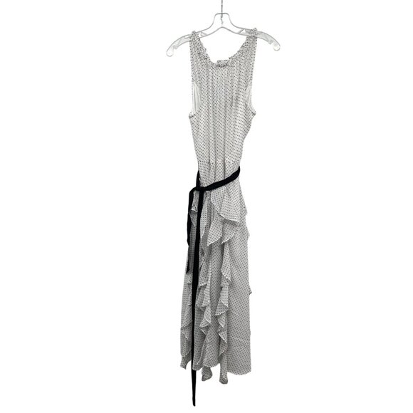 WHBM Womens Polka Dot Maxi Dress Halter Ruffle White/Black Belted Size 10 Lined - Picture 1 of 8